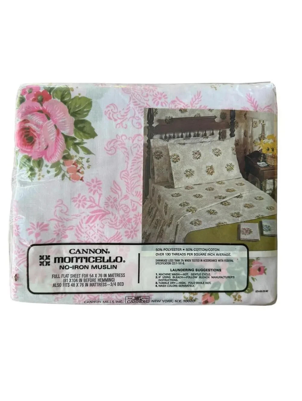 Vintage Cannon Monticello Two Full Flat Sheets Pillowcases Pink Roses Muslin NOS